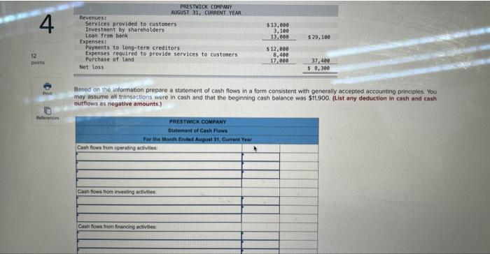 4 12 points References Revenues: Services provided to customers Investment by shareholders. Loan from bank