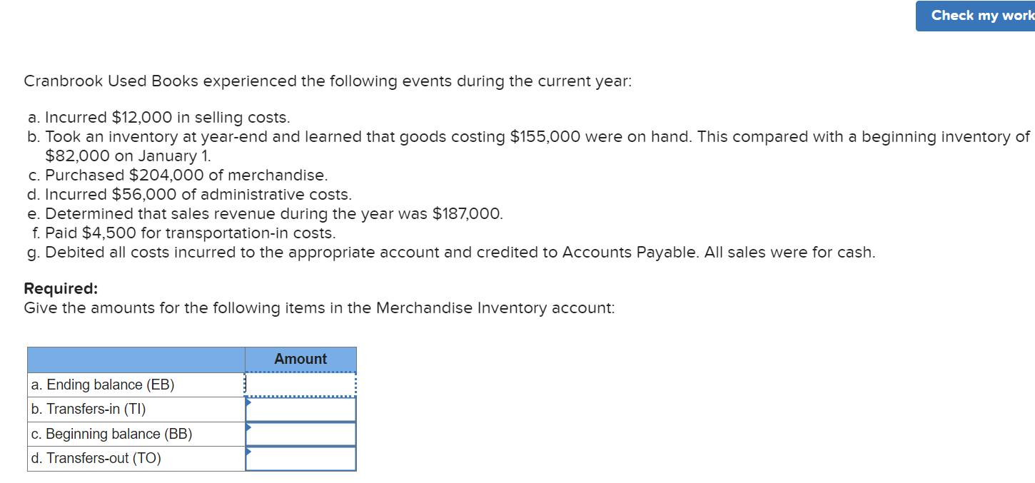 Cranbrook Used Books experienced the following events during the current year: a. Incurred $12,000 in selling