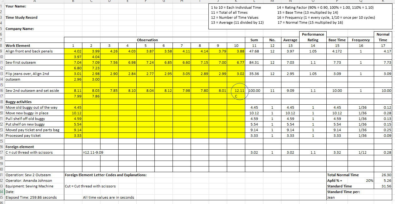 A 1 Your Name: 2 3 Time Study Record 4 5 Company Name: 6 7 8 Work Element 9 Align front and back penals 10 11