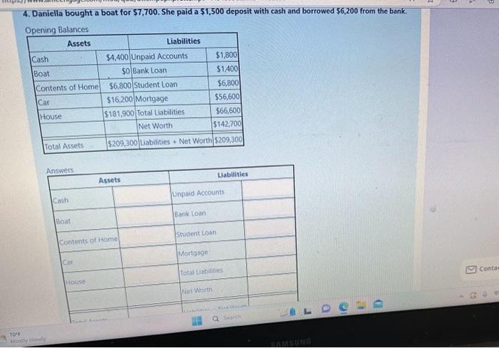 4. Daniella bought a boat for $7,700. She paid a $1,500 deposit with cash and borrowed $6,200 from the bank.