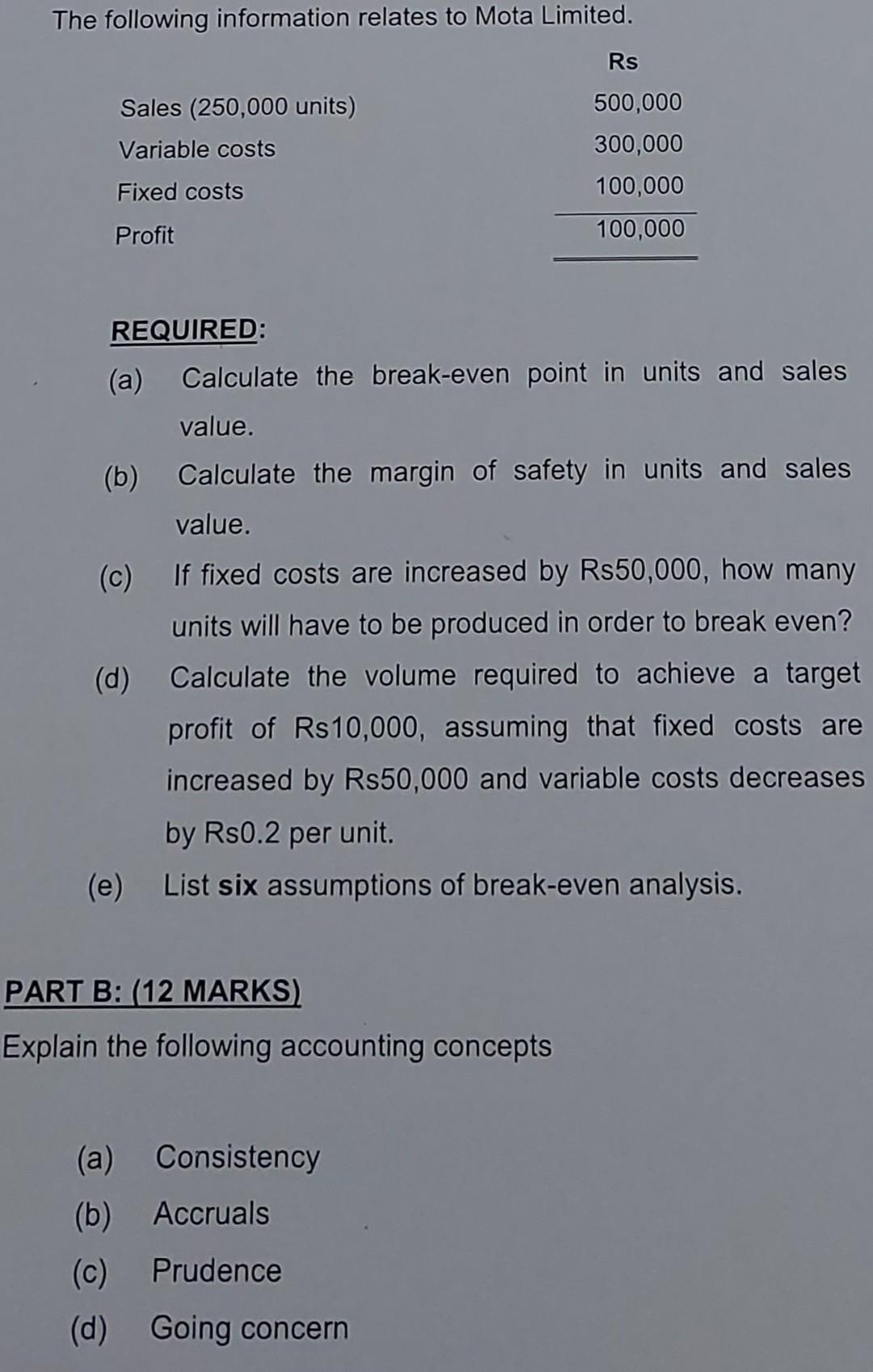 The following information relates to Mota Limited. Sales (250,000 units) Variable costs Fixed costs Profit