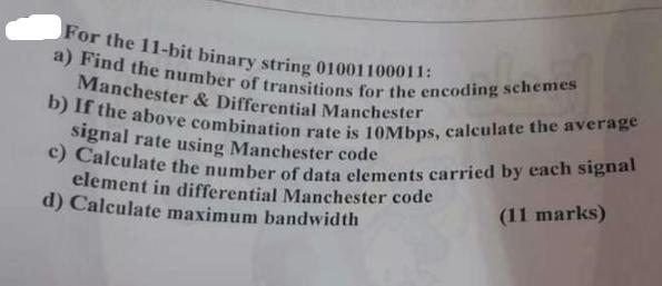 For the 11-bit binary string 01001100011: a) Find the number of transitions for the encoding schemes