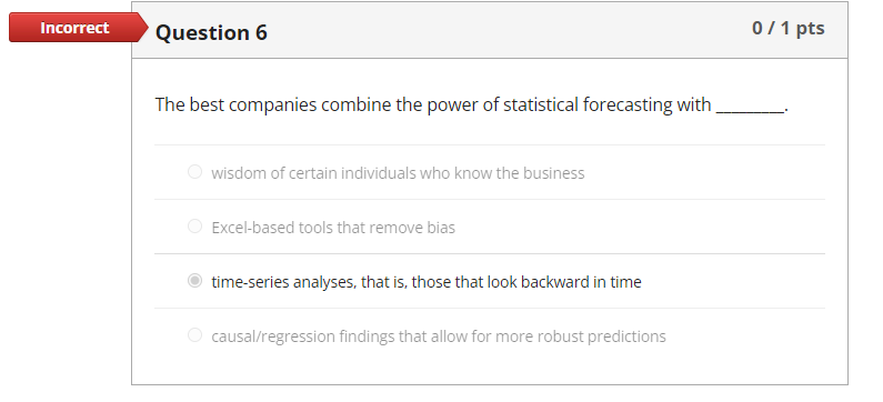 Incorrect Question 6 The best companies combine the power of statistical forecasting with wisdom of certain