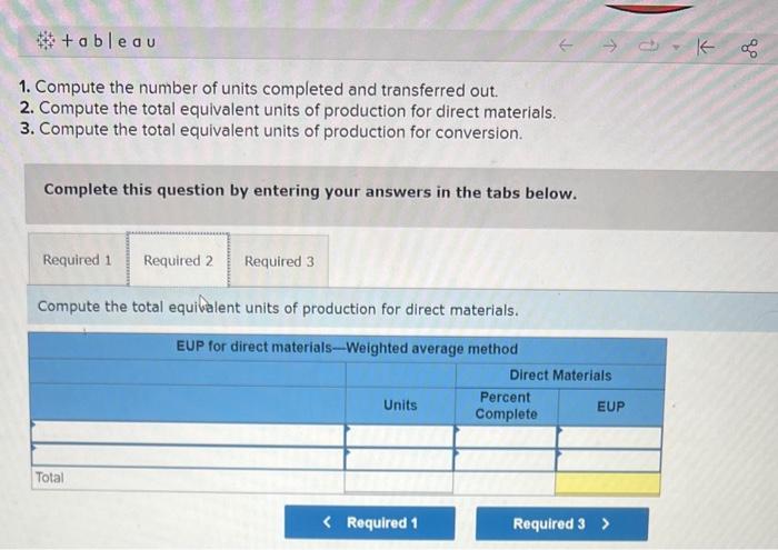 +ableau 1. Compute the number of units completed and transferred out. 2. Compute the total equivalent units