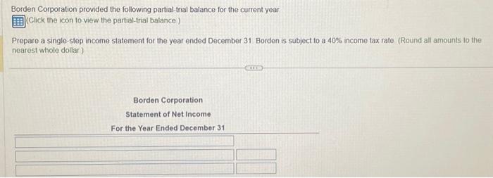 Borden Corporation provided the following partial trial balance for the current year (Click the icon to view