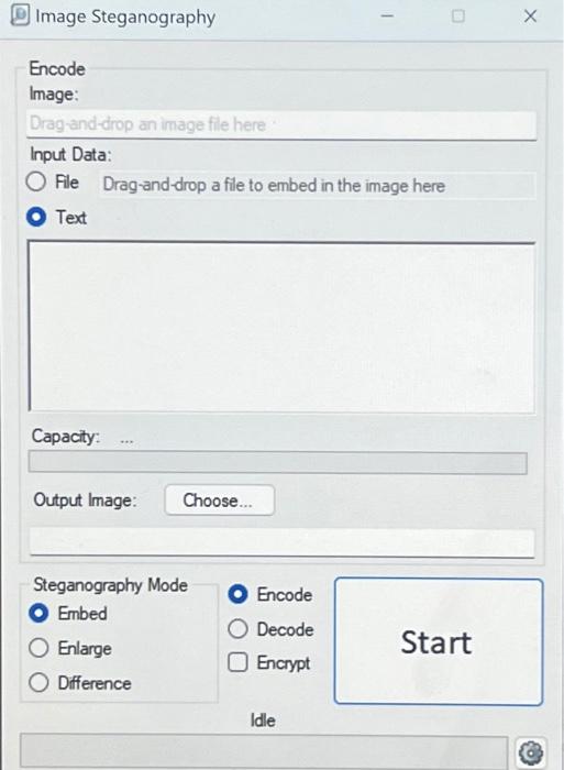 Image Steganography Encode Image: Drag-and-drop an image file here Input Data: O File Drag-and-drop a file to