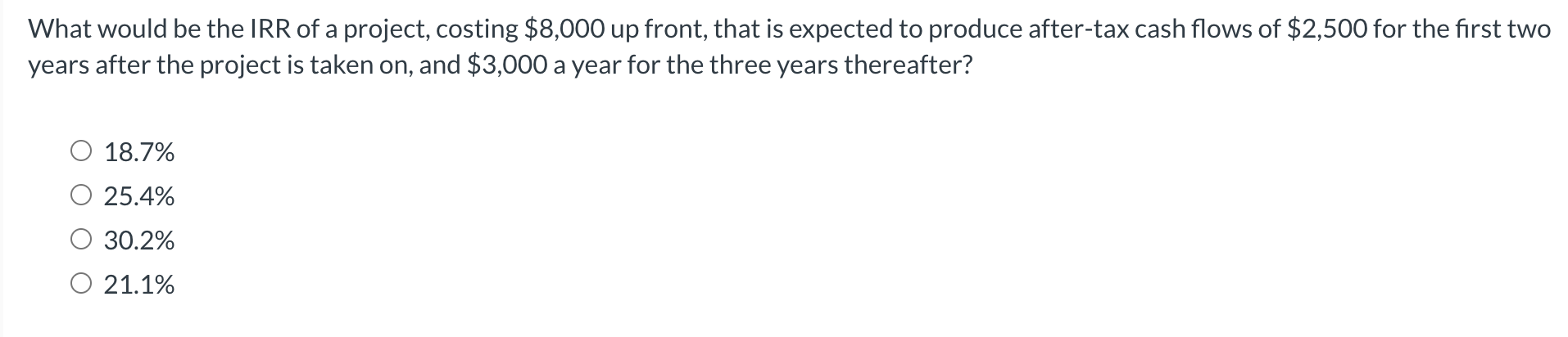 What would be the IRR of a project, costing $8,000 up front, that is expected to produce after-tax cash flows