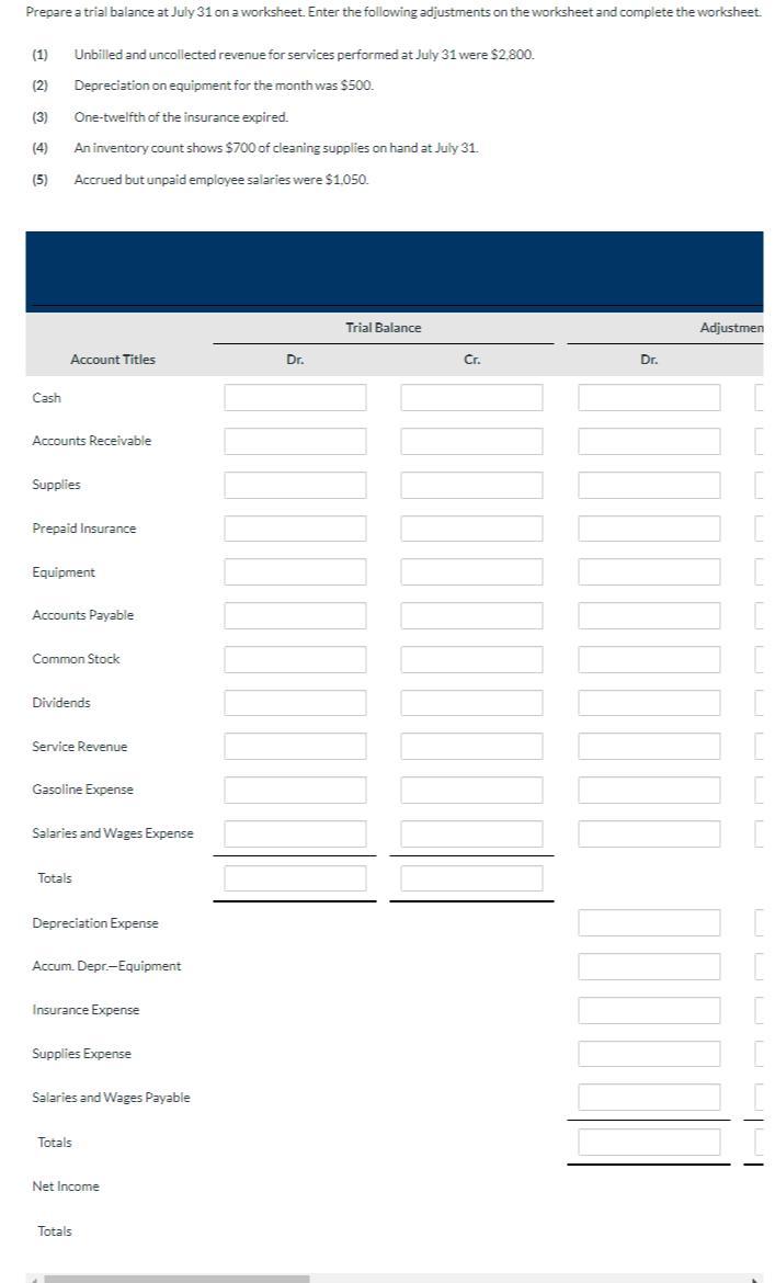 Prepare a trial balance at July 31 on a worksheet. Enter the following adjustments on the worksheet and