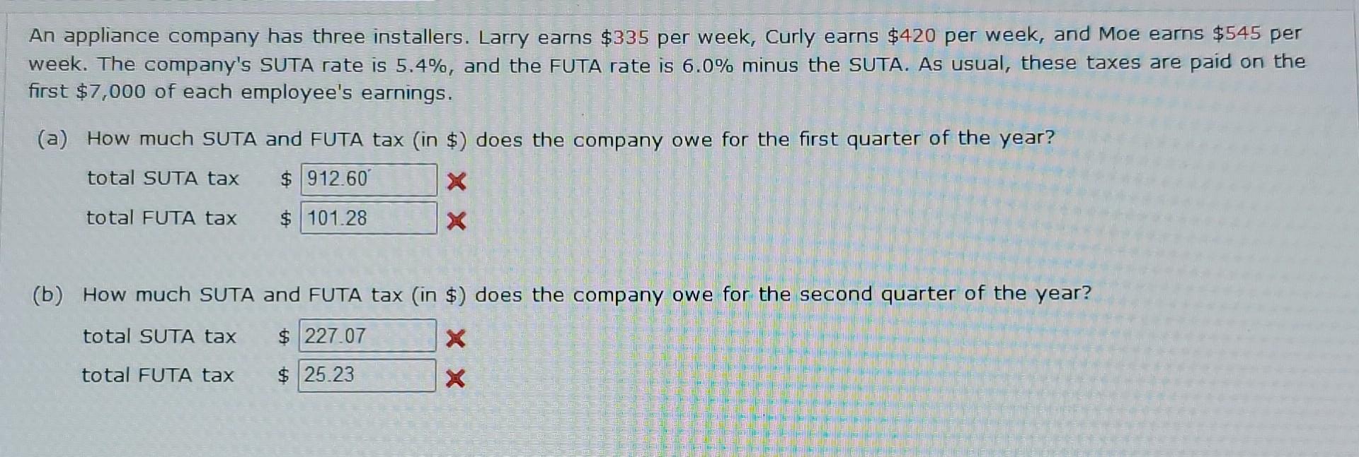 An appliance company has three installers. Larry earns $335 per week, Curly earns $420 per week, and Moe
