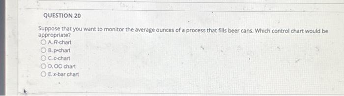 QUESTION 20 Suppose that you want to monitor the average ounces of a process that fills beer cans. Which