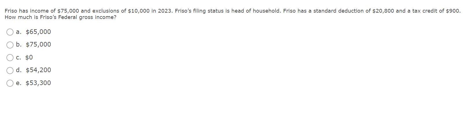 Friso has income of $75,000 and exclusions of $10,000 in 2023. Friso's filing status is head of household.