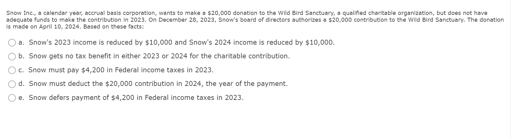 Snow Inc., a calendar year, accrual basis corporation, wants to make a $20,000 donation to the Wild Bird