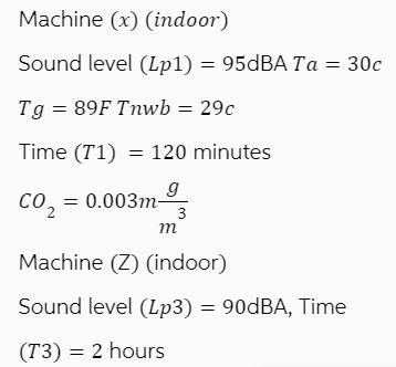 Machine (x) (indoor) Sound level (Lp1) = 95dBA Ta = 30c Tg = 89F Tnwb = 29c Time (71) = 120 minutes g