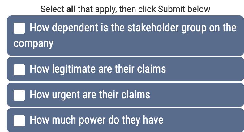 Select all that apply, then click Submit below How dependent is the stakeholder group on the company How