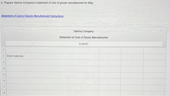 b. Prepare Yakima Company's statement of cost of goods manufactured for May. Statement of Cost of Goods