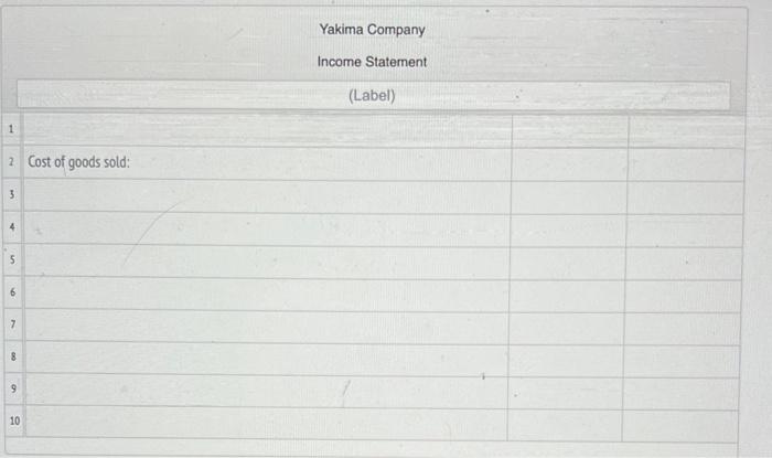 1 2 Cost of goods sold: 3 5 6 7 8 9 10 Yakima Company Income Statement (Label)