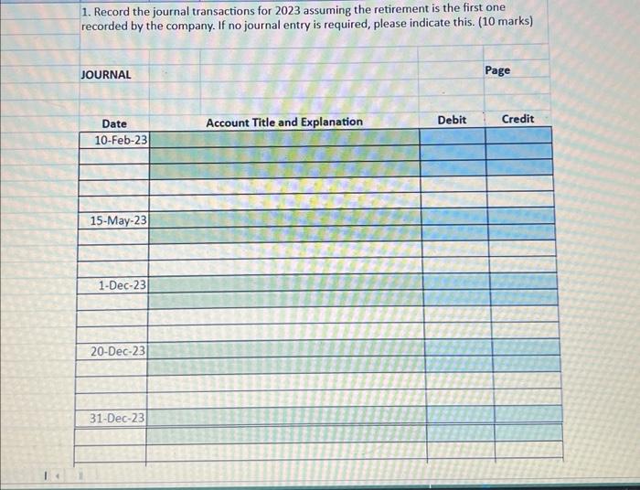 1. Record the journal transactions for 2023 assuming the retirement is the first one recorded by the company.