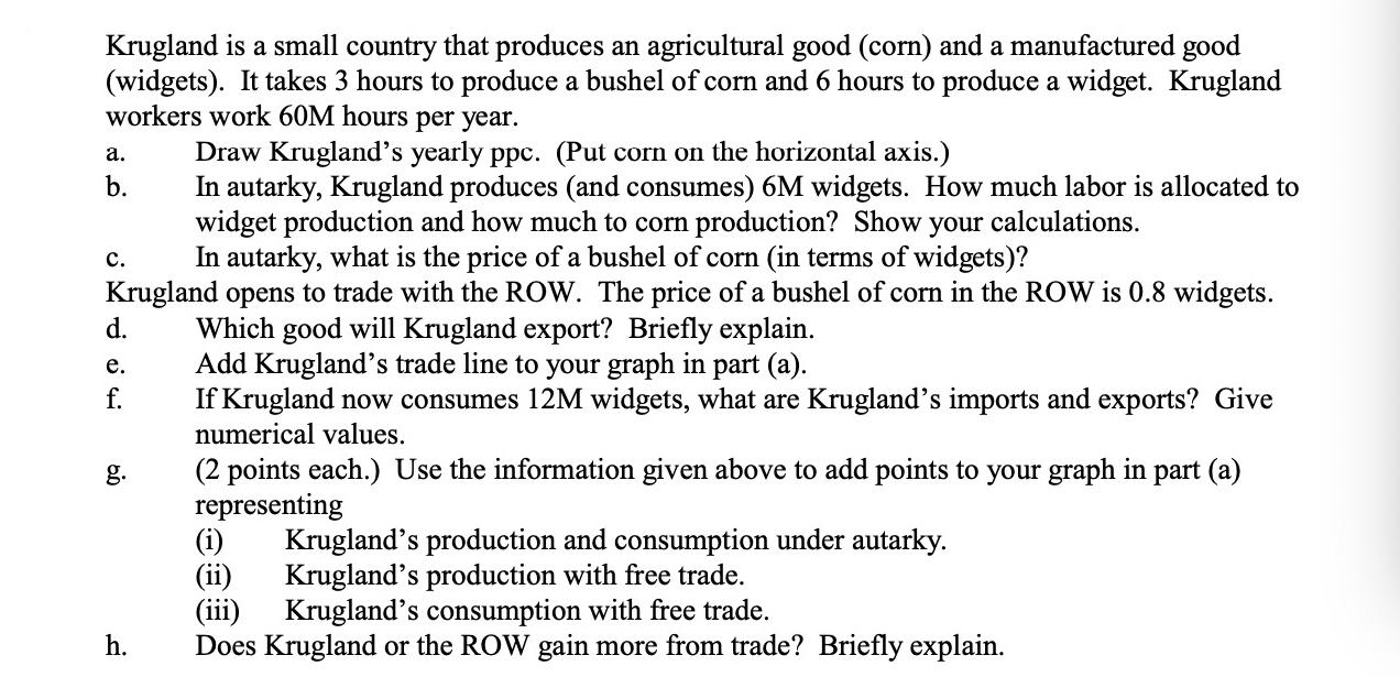 Krugland is a small country that produces an agricultural good (corn) and a manufactured good (widgets). It