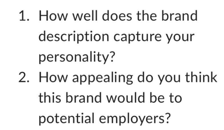 1. How well does the brand description capture your personality? 2. How appealing do you think this brand