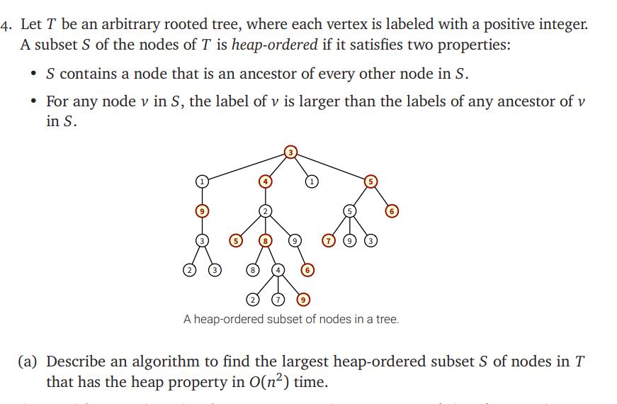 4. Let T be an arbitrary rooted tree, where each vertex is labeled with a positive integer. A subset S of the
