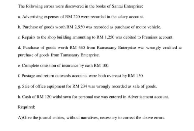 The following errors were discovered in the books of Santai Enterprise: a. Advertising expenses of RM 220