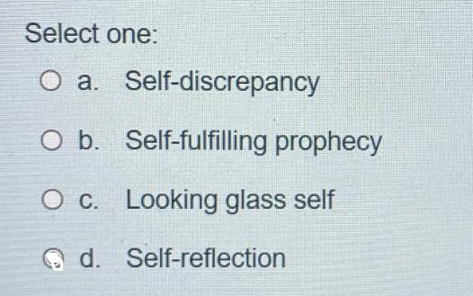 Select one: O a. Self-discrepancy O b. O c. Looking glass self d. Self-fulfilling prophecy Self-reflection