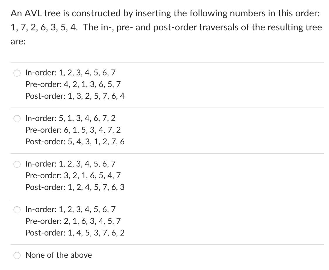 An AVL tree is constructed by inserting the following numbers in this order: 1, 7, 2, 6, 3, 5, 4. The in-,