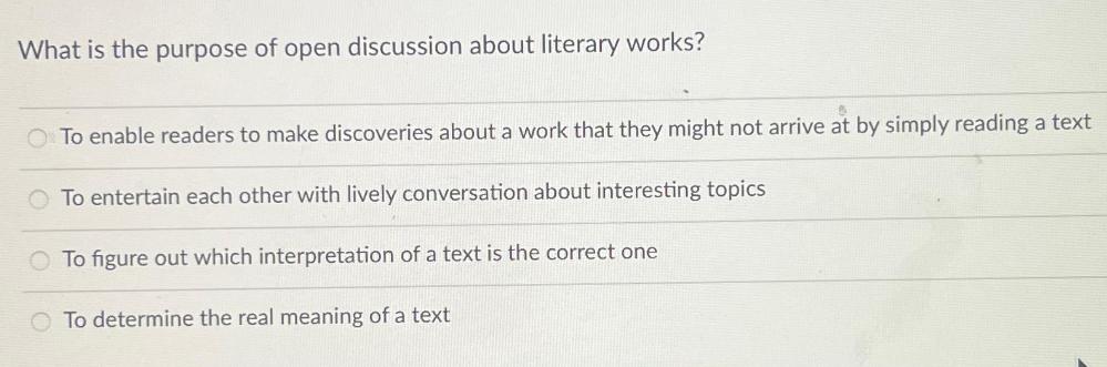 What is the purpose of open discussion about literary works? A O To enable readers to make discoveries about