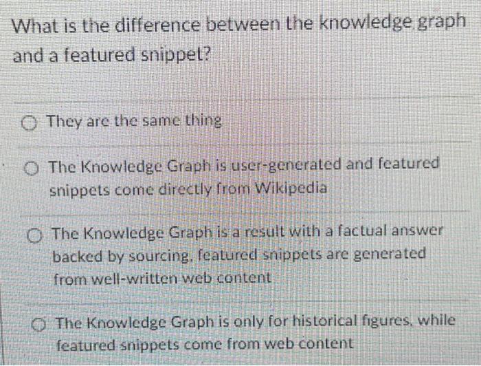 What is the difference between the knowledge.graph and a featured snippet? O They are the same thing O The