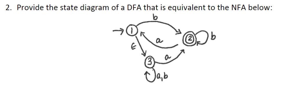2. Provide the state diagram of a DFA that is equivalent to the NFA below: a b