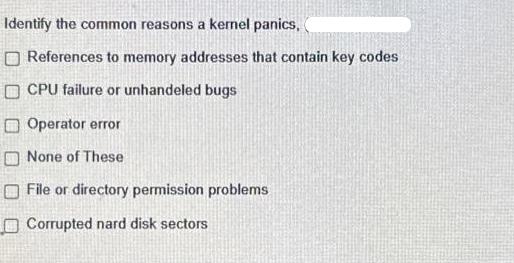 Identify the common reasons a kernel panics, References to memory addresses that contain key codes CPU
