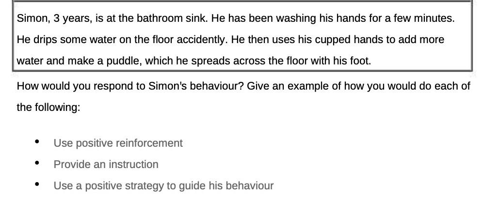 Simon, 3 years, is at the bathroom sink. He has been washing his hands for a few minutes. He drips some water