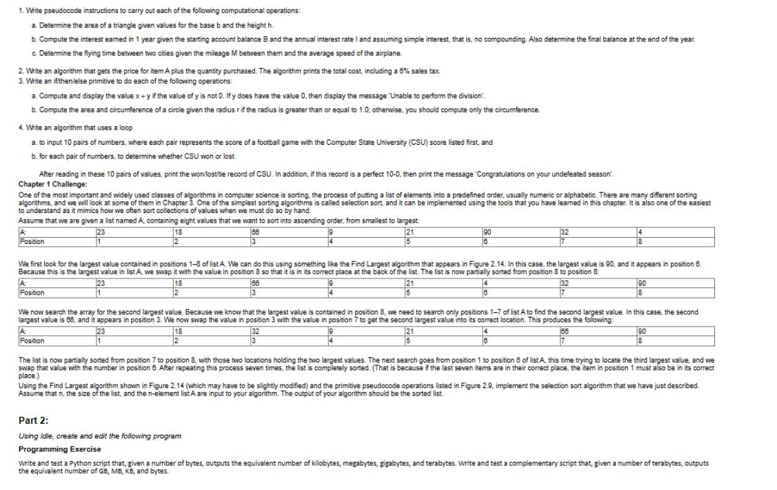 1. Write pseudocode instructions to carry out each of the following computational operations: a. Determine