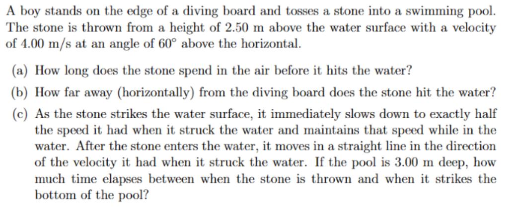 A boy stands on the edge of a diving board and tosses a stone into a swimming pool. The stone is thrown from