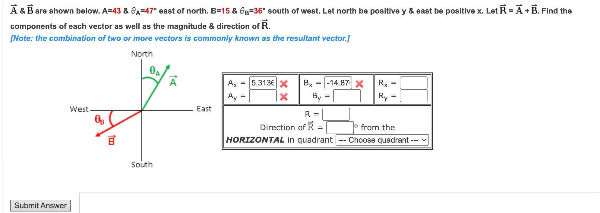 A & B are shown below. A=43 & A=47 east of north. B=15 & 0g=36 south of west. Let north be positive y & east