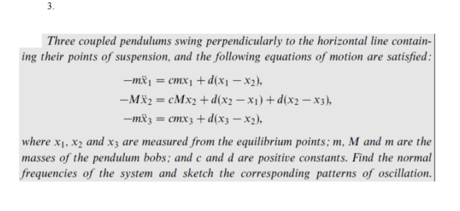 3. Three coupled pendulums swing perpendicularly to the horizontal line contain- ing their points of