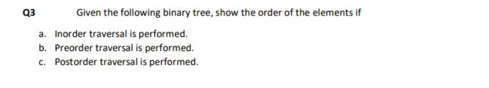 Q3 Given the following binary tree, show the order of the elements if a. Inorder traversal is performed. b.