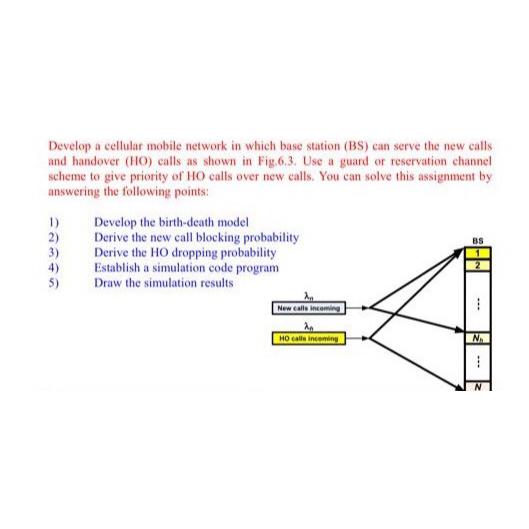 Develop a cellular mobile network in which base station (BS) can serve the new calls and handover (HO) calls