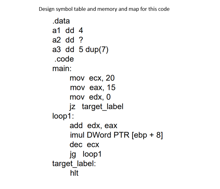 Design symbol table and memory and map for this code .data a1 dd 4 a2 dd ? a3 dd 5 dup(7) .code main: mov