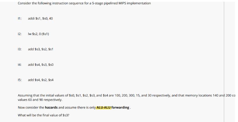 Consider the following instruction sequence for a 5-stage pipelined MIPS implementation 11: 12: 13: 14: 15: