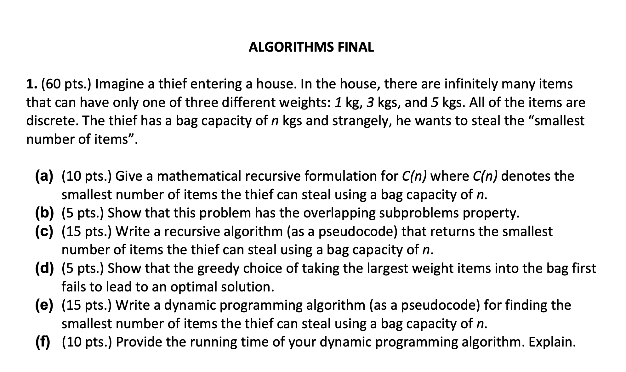 ALGORITHMS FINAL 1. (60 pts.) Imagine a thief entering a house. In the house, there are infinitely many items
