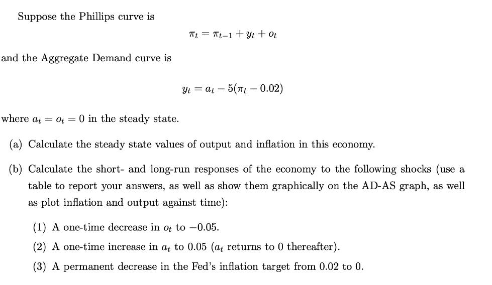 Suppose the Phillips curve is and the Aggregate Demand curve is Tt = T1 +3t tot Yt = at 5(t -0.02) where at =