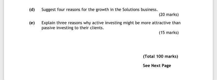 (d) Suggest four reasons for the growth in the Solutions business. (20 marks) (e) Explain three reasons why
