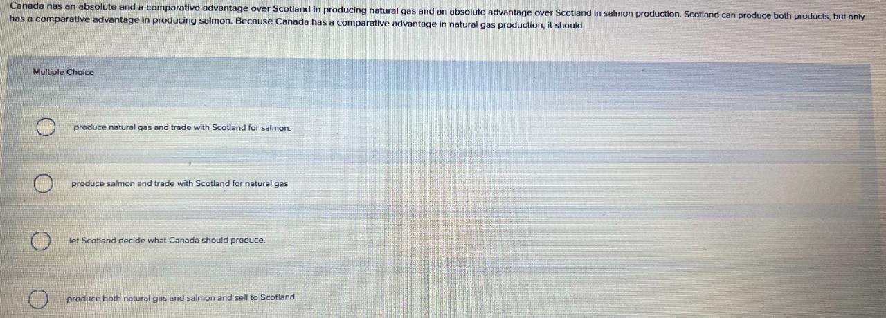 Canada has an absolute and a comparative advantage over Scotland in producing natural gas and an absolute