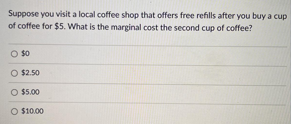 Suppose you visit a local coffee shop that offers free refills after you buy a cup of coffee for $5. What is