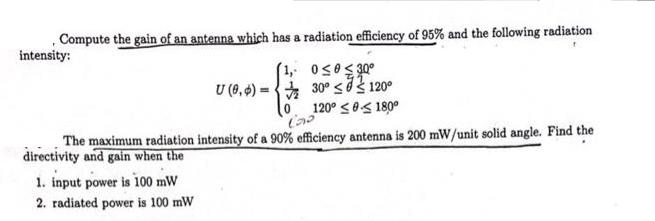 Compute the gain of an antenna which has a radiation efficiency of 95% and the following radiation (1, 00 30