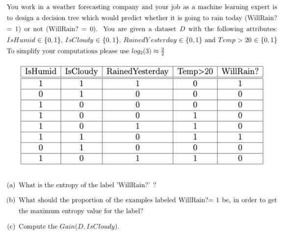 You work in a weather forecasting company and your job as a machine learning expert is to design a decision