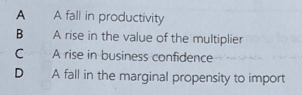 A B C D A fall in productivity A rise in the value of the multiplier A rise in business confidence A fall in