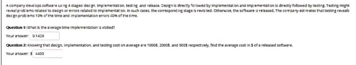 A company develops software using 4 stages: des gn, Implementation, testing and release. Design is directly