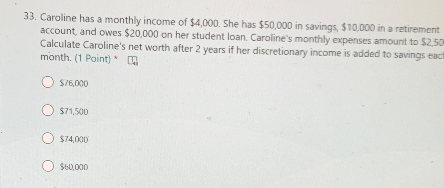 33. Caroline has a monthly income of $4,000. She has $50,000 in savings, $10,000 in a retirement account, and